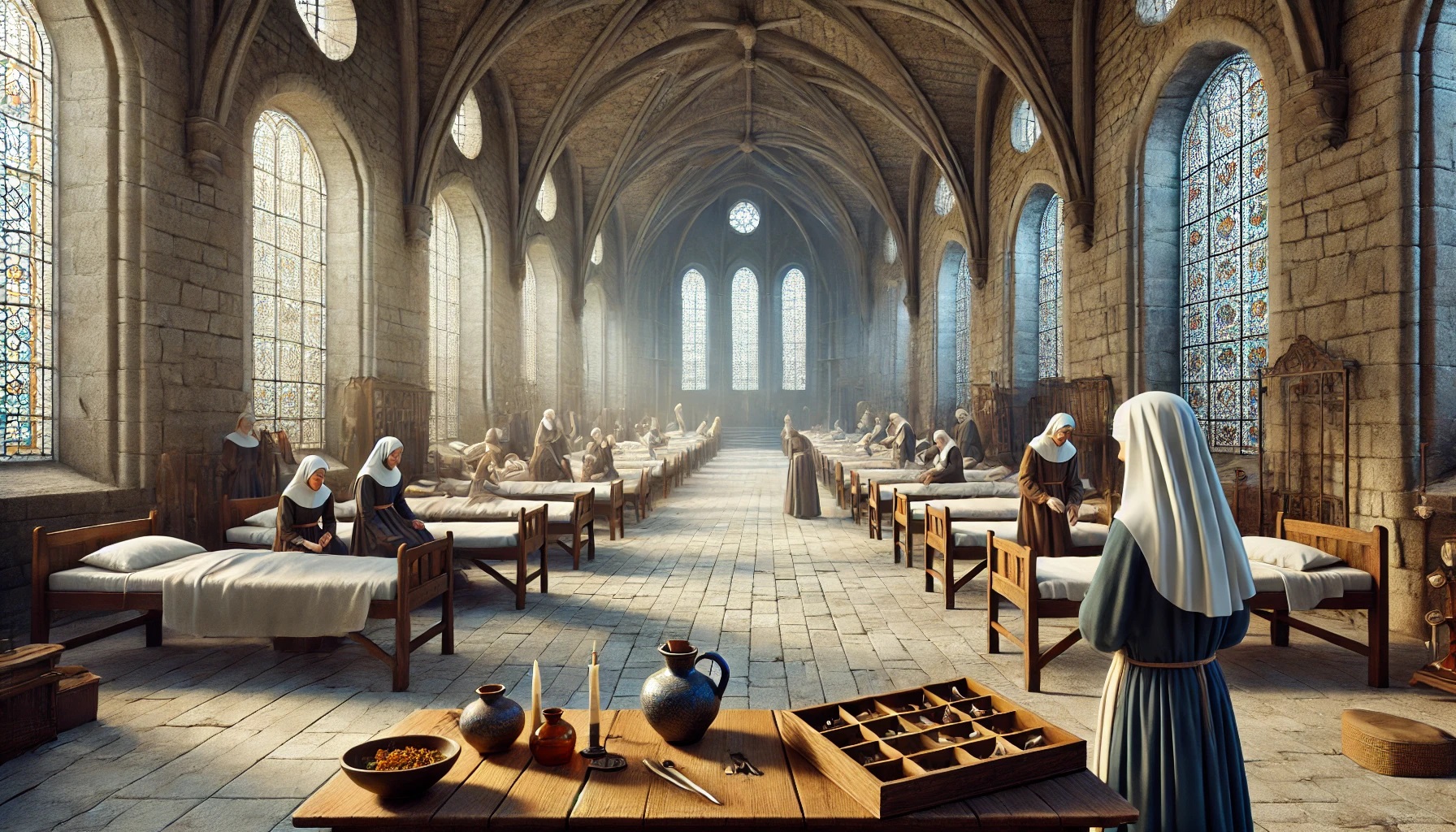 Realistyczna ilustracja średniowiecznego szpitala. Widać siostry zakonne pochylone nad ł&oacute;żkami chorych, kt&oacute;re znajdują się w dużej sali